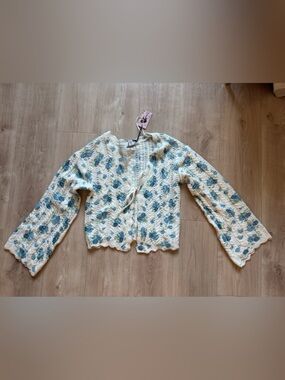 Marshalls cropped Cream Open-Knit Cardigan with Blue Floral Accents